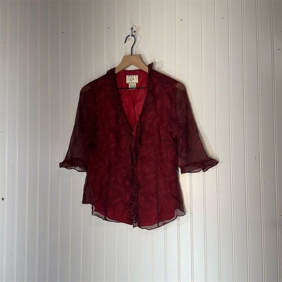 ICE Red Silk Paisley Sheer Bell Sleeve Ruffle Blouse M Y2K Romantic Boho Fairy - Picture 1 of 8
